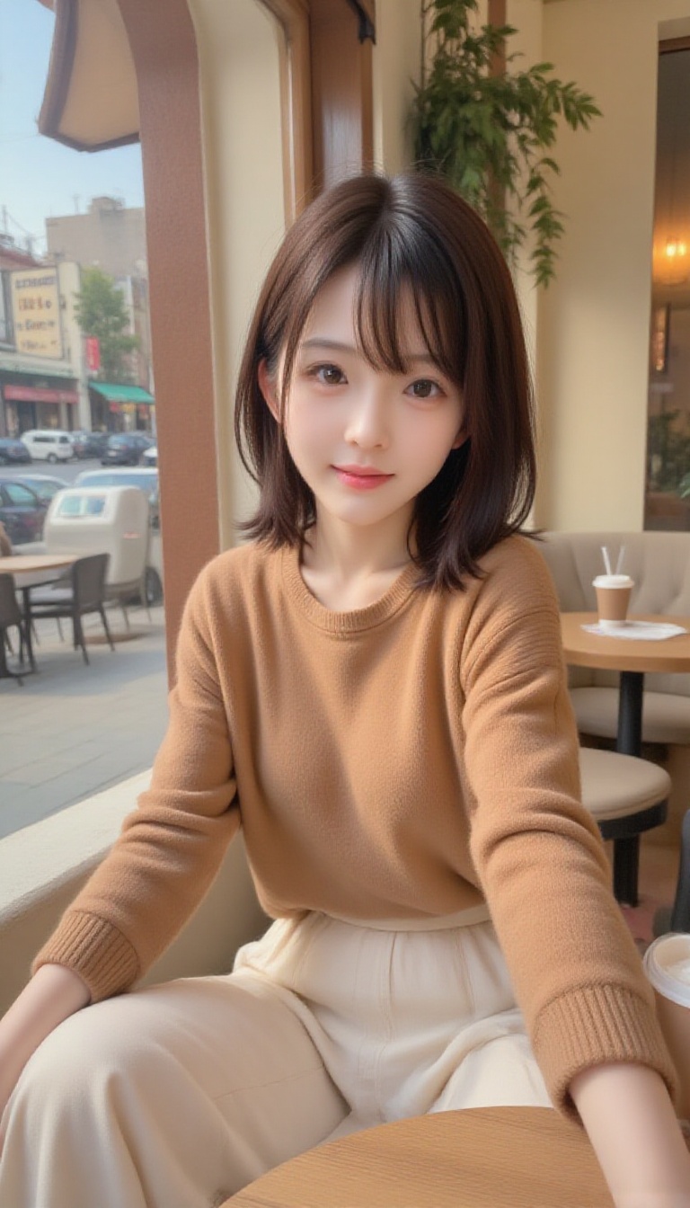 1girl,  16K High-Quality Portrait Photography This woman has a refreshing,  dark brown bob with gently curled ends and wis...