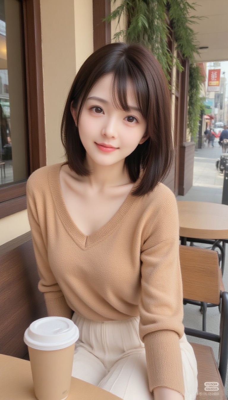 1girl,  16K High-Quality Portrait Photography This woman has a refreshing,  dark brown bob with gently curled ends and wis...