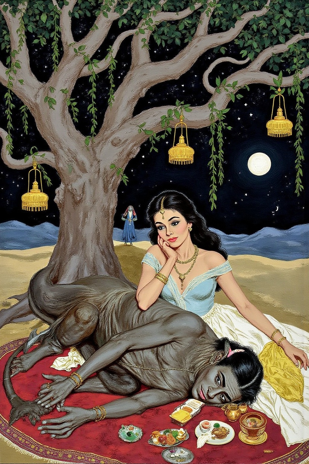 kard1 watercolor illustration A scene from Arabian Nights,  rendered in intricate,  colorful detail. A beautiful woman and...