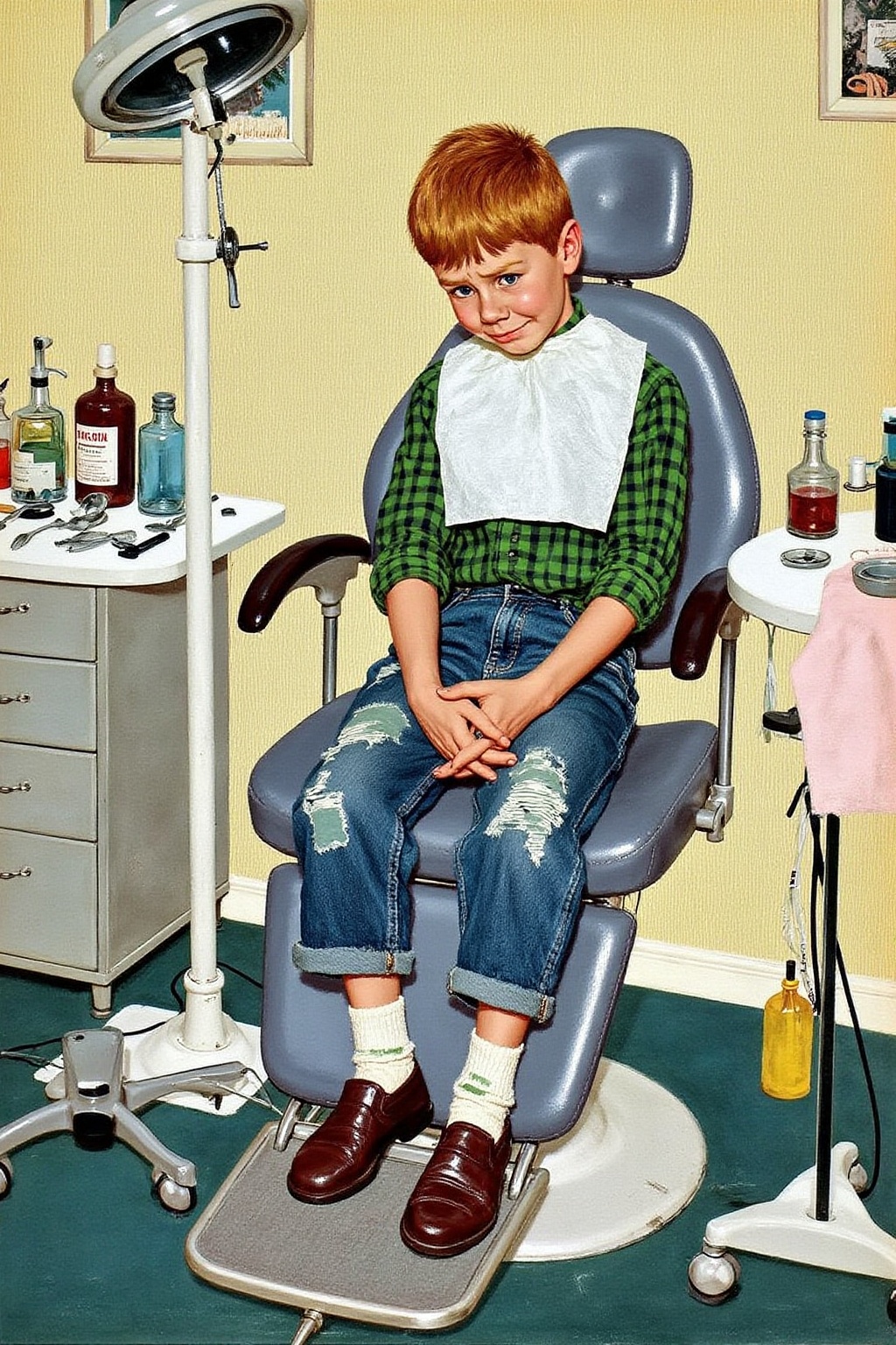 kard1 illustration A humorous vintage-style illustration of a young red-haired boy nervously sitting in an old-fashioned d...