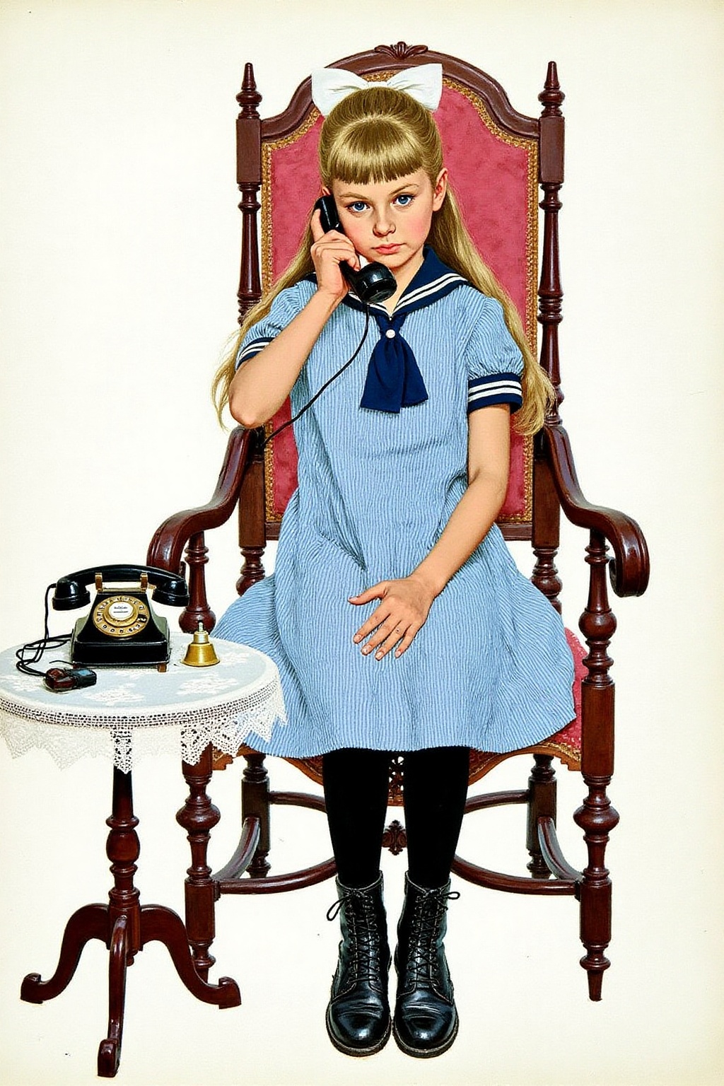 kard1 illustration A young girl sitting in a wooden armchair with intricate carvings. She has long,  straight blonde hair...
