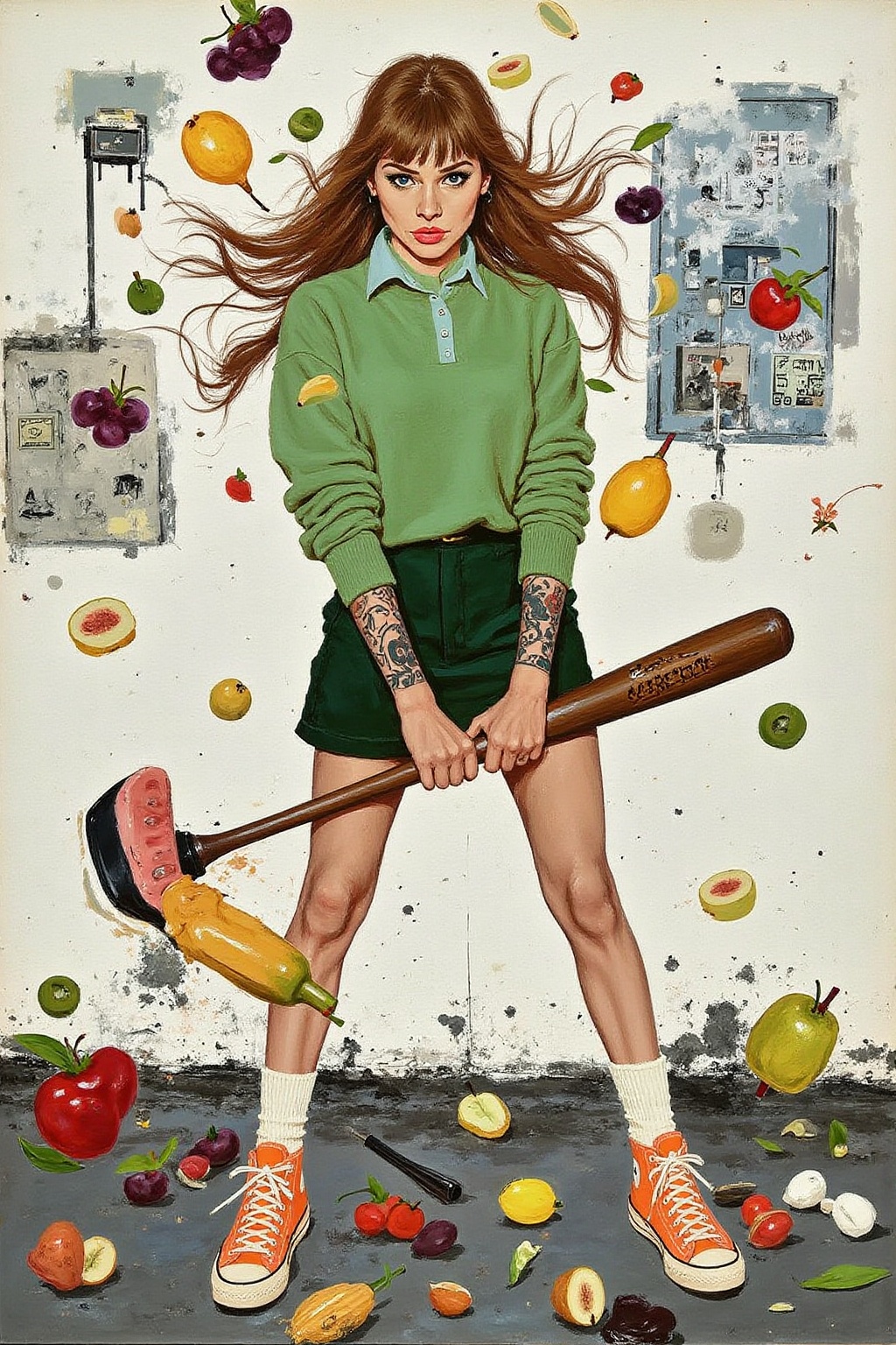 kard1 illustration. liquid splash,  cartoonish juicy fruits chaos,  dynamic pose on Tensor.Art