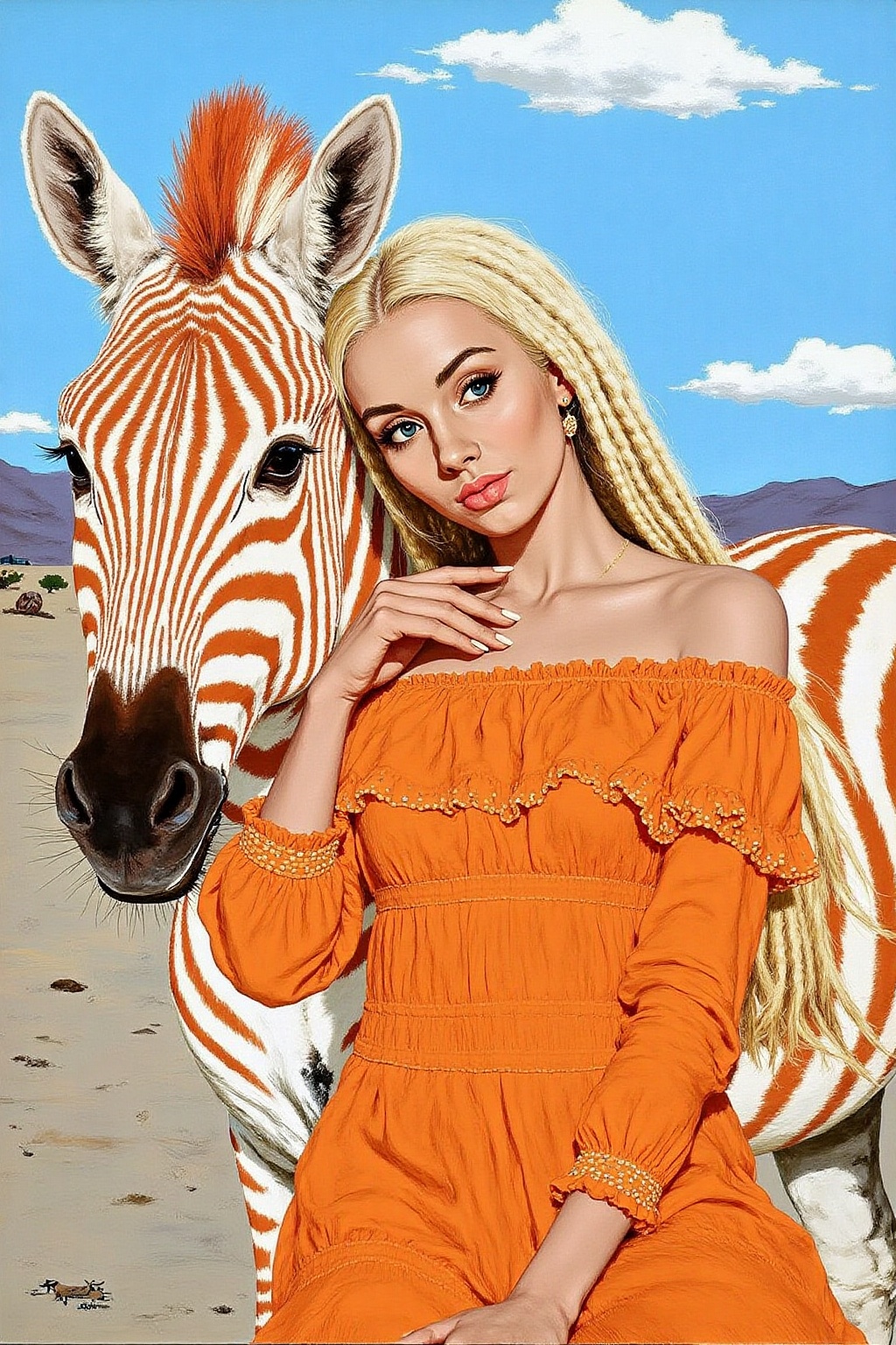 kard1 illustration. a woman and a zebra against a vast,  arid landscape under a bright,  sunny sky. The woman on Tensor.Art