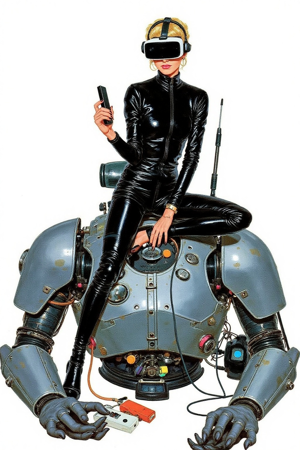 kard1 illustration. A striking,  futuristic scene depicts a woman dressed in sleek,  form-fitting leather attire on Tensor...