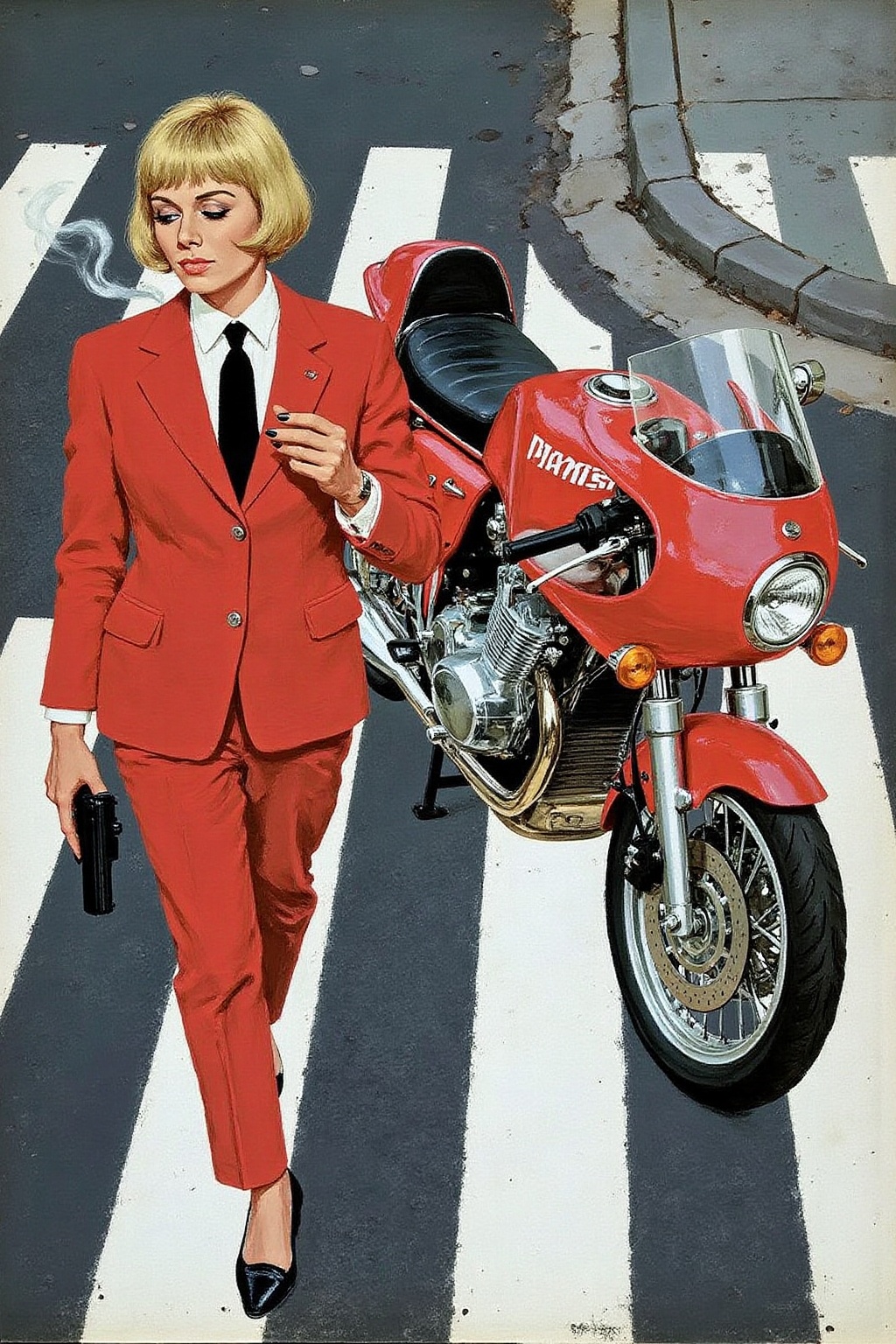 kard1 illustration Overhead shot of an Blonde woman walking away from a futuristic motorcycle parked at a zebra crossing....