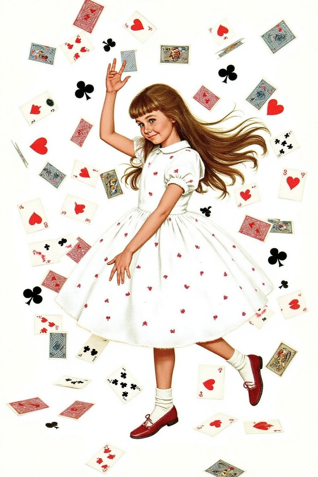 kard1 illustration. A scene from "Alice's Adventures in Wonderland." The central figure is a young girl,  Alice,  with lon...