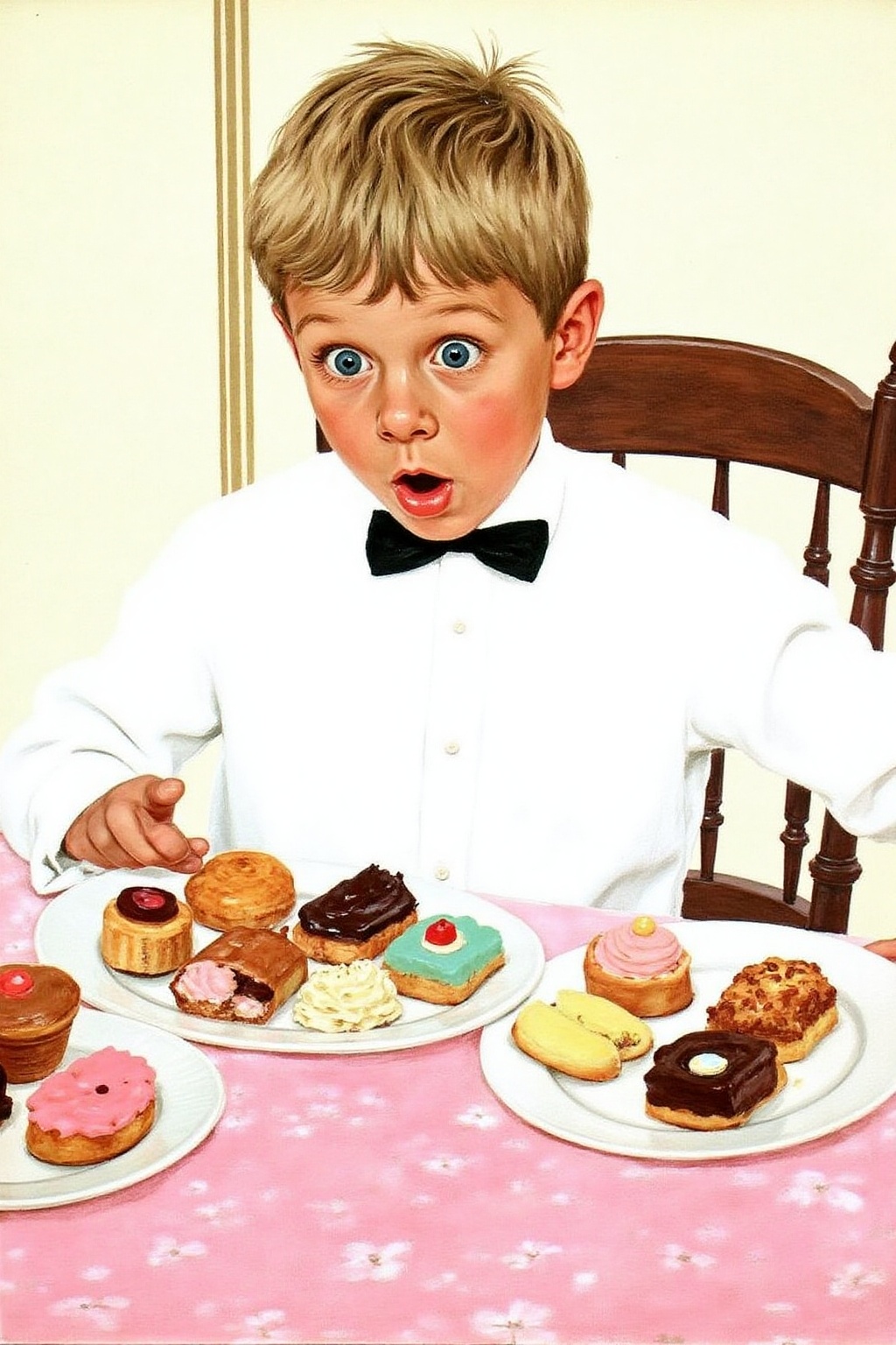 kard1 illustration. A young boy,  with short,  tousled blonde hair and wide on Tensor.Art