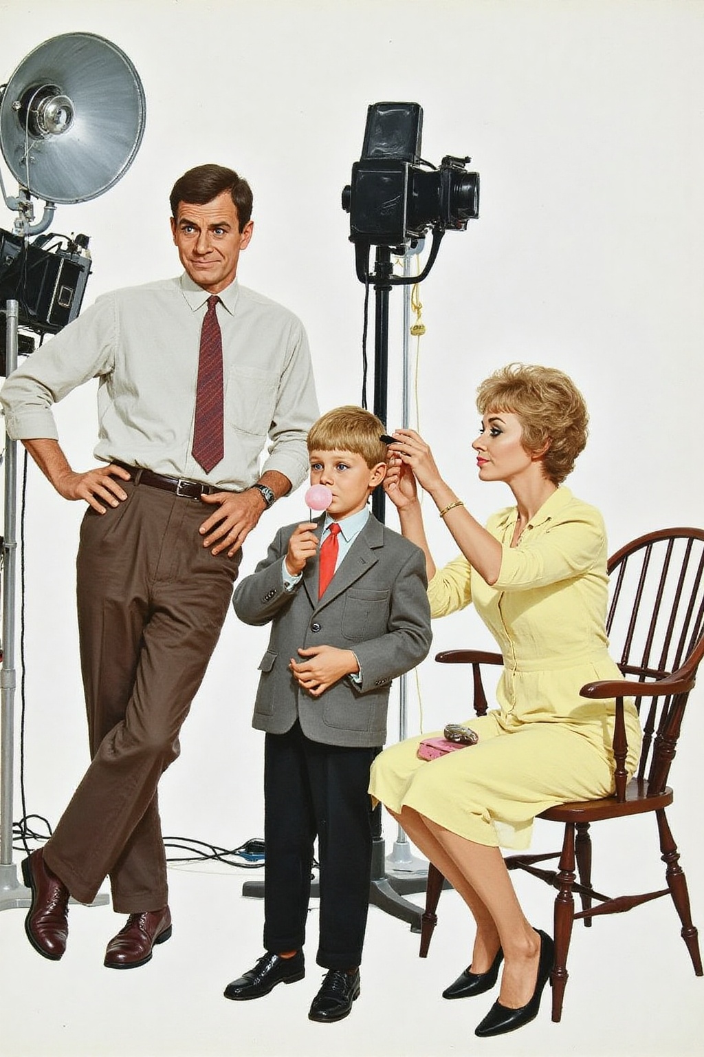 kard1 illustration A family photo session. The scene includes a father standing casually with a hand on his hip,  dressed...