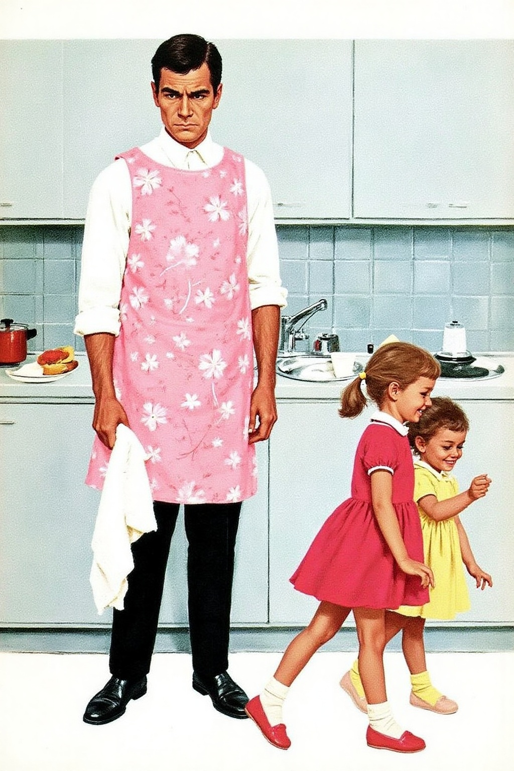 kard1 illustration A father,  and two little girls. The father,  positioned centrally on Tensor.Art