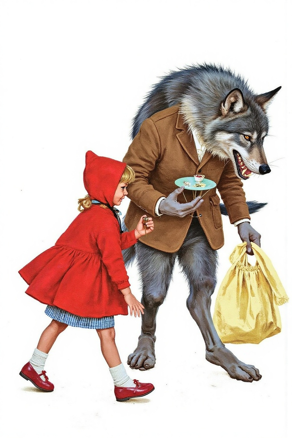 kard1 watercolor illustration Little Red Ridding Hood walkign along side the Big Bad Wolf. on Tensor.Art
