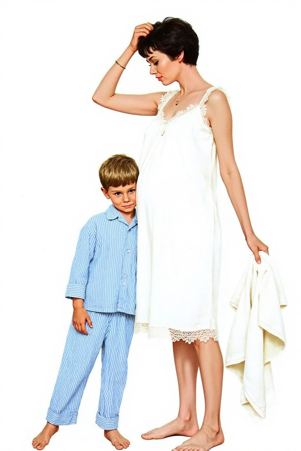 kard1 illustration A mother and a little boy. The mother with short,  dark hair,  is standing on the right side of the ima...