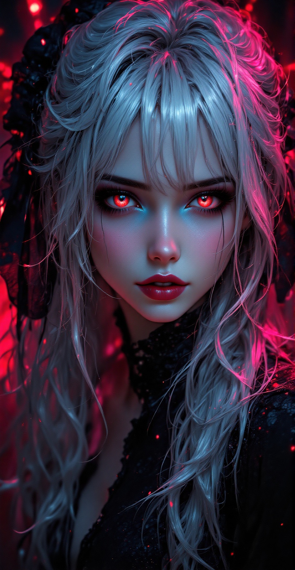 Create a top-tier digital style painting showcasing an emo anime girl with lengthy,  disheveled hair combining both white...