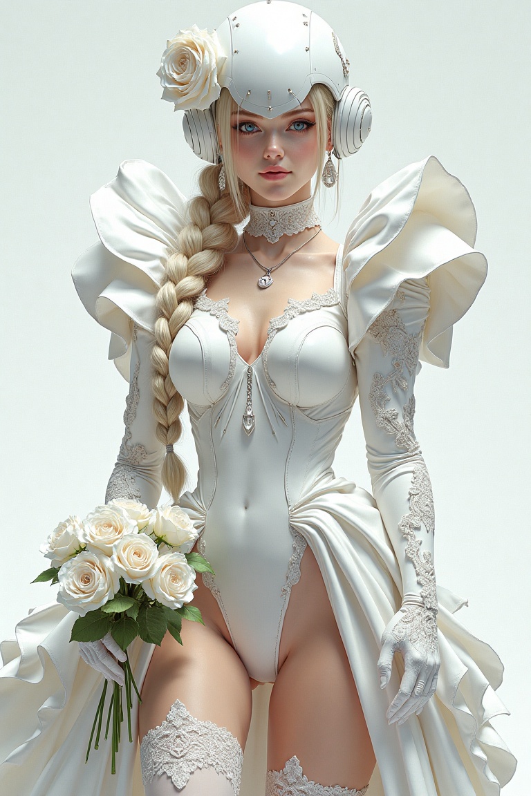 A highly detailed,  a woman wearing an extravagant white dress with a lot of voluminous ruffles,  creating a sense of luxu...