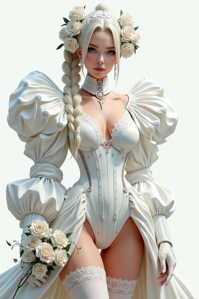 A highly detailed,  a woman wearing an extravagant white dress with a lot of voluminous ruffles,  creating a sense of luxu...