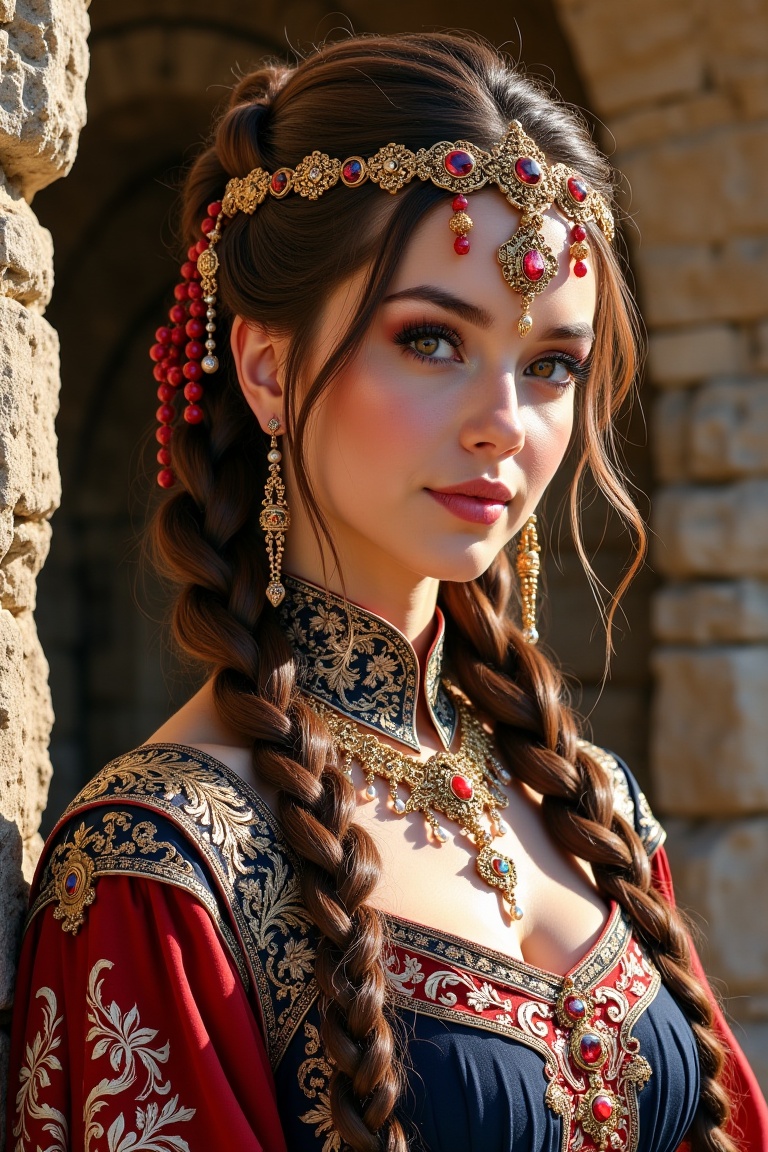 "A stunning young woman with an elegant,  regal appearance,  standing outdoors near a stone wall. She has long on Tensor.Art