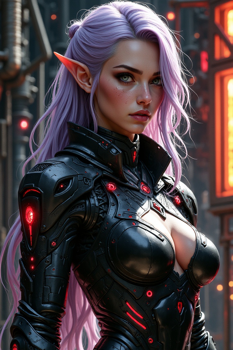 "A striking female character with an intense and commanding gaze,  standing in a futuristic,  dimly lit industrial environ...