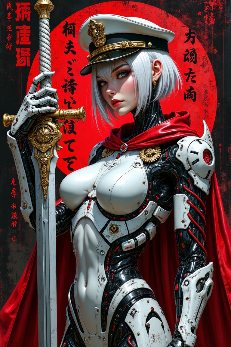 "A futuristic,  cybernetic female warrior with a striking and commanding presence,  depicted against a bold red and black...