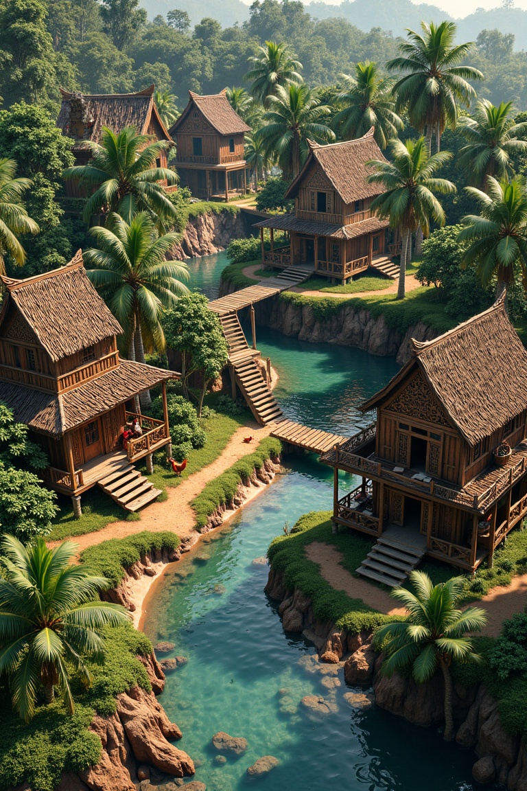 Create a 3D geometry ,  environment of a traditional Malay village featuring wooden stilt houses with intricate carvings,...