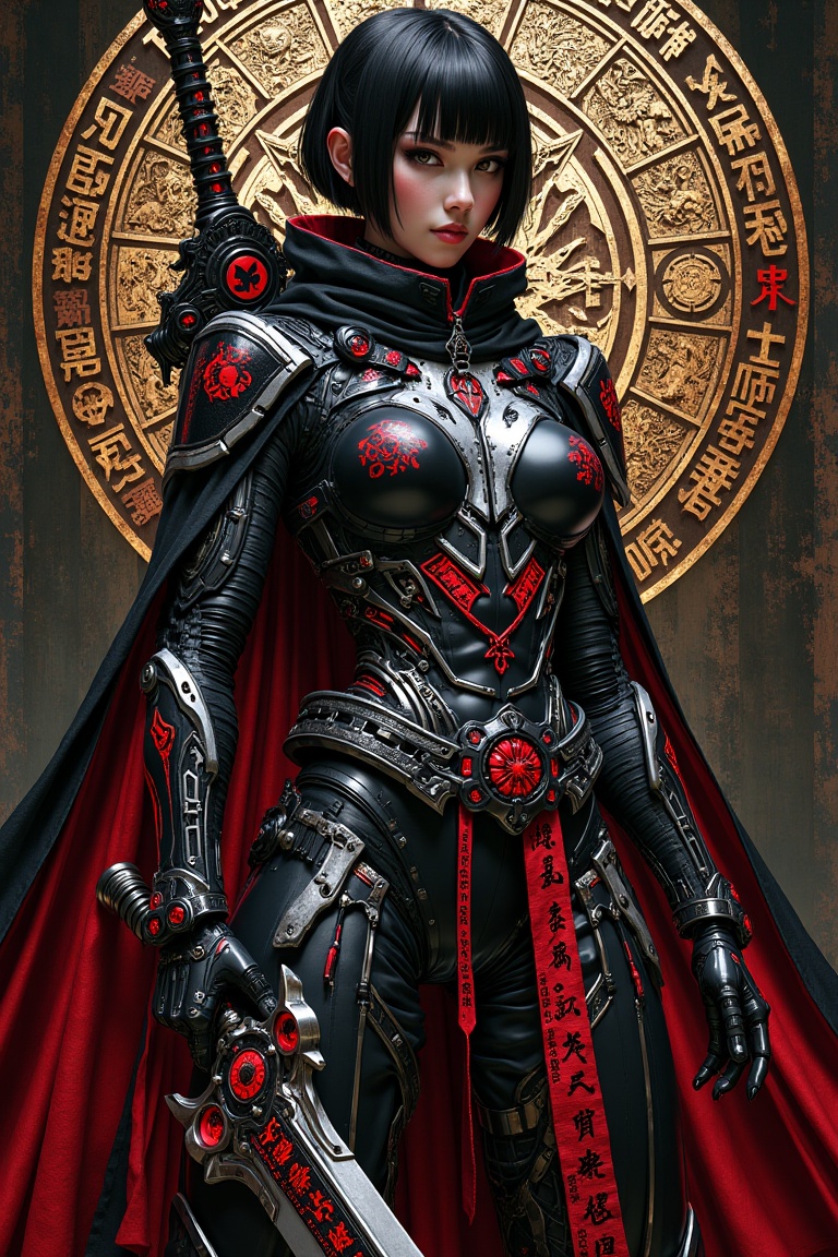 A striking fusion of futuristic cybernetics and traditional aesthetics comes to life in this commanding figure. The centra...