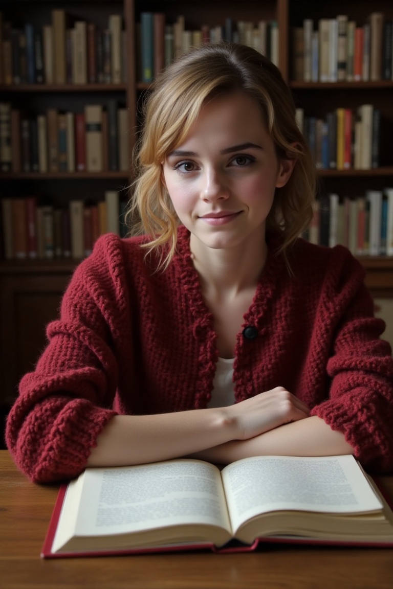 petite Emma Watson sitting at table in library reading large book,  smile,  from side on Tensor.Art