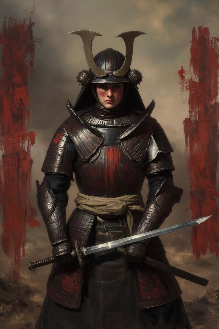 A fierce female samurai warrior standing in a post apocalyptic battlefield. She wears a battle-worn black and crimson armo...