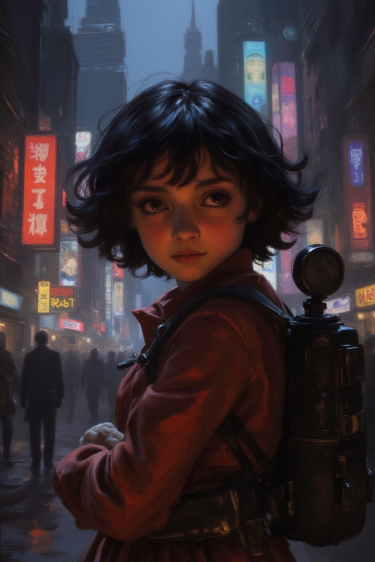 In a gritty cyberpunk metropolis,  Dora the Explorer morphs into a stunning digital painting,  bathed in neon hues and hig...