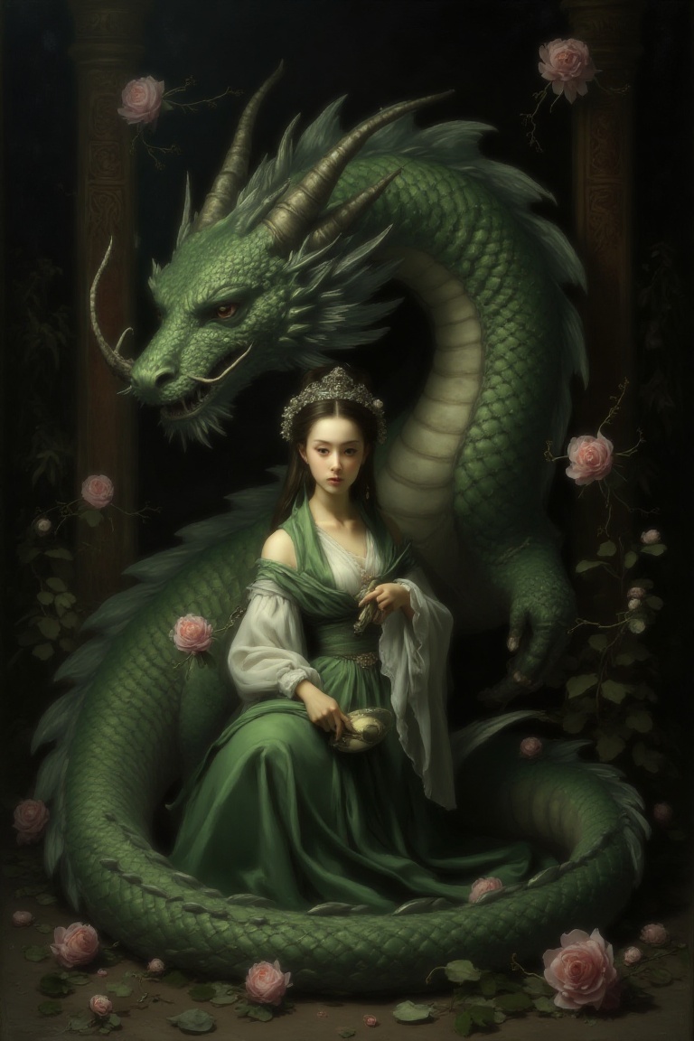 A serene scene where a woman,  adorned in a traditional green and white dress,  stands gracefully beside a majestic green...