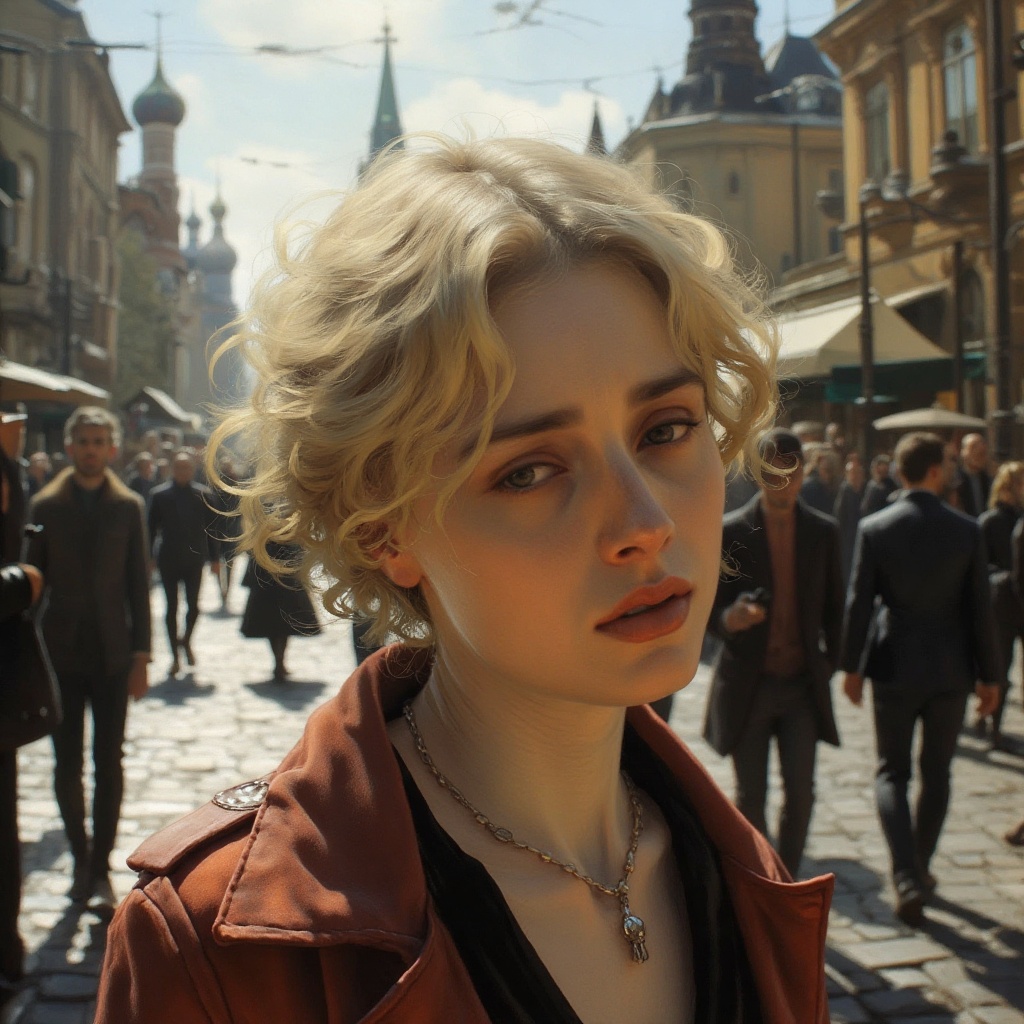 A confident blonde woman with piercing blue eyes and a chic ponytail confidently walks through the vibrant streets of Mosc...