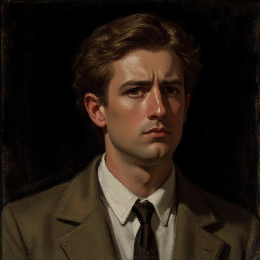 A gritty 20s male detective stands,  his piercing gaze directed straight at the viewer. His brown hair is neatly combed,...