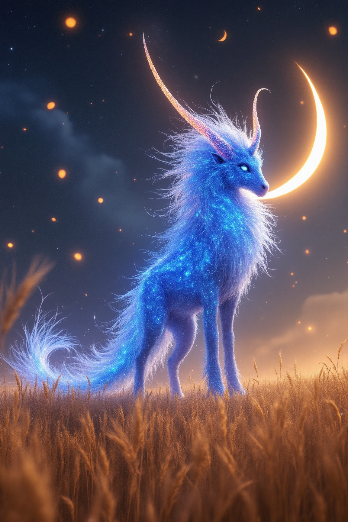 A captivating and awe-inspiring digital shot of an enormous,  ethereal creature with a radiant neon-blue body and an elong...