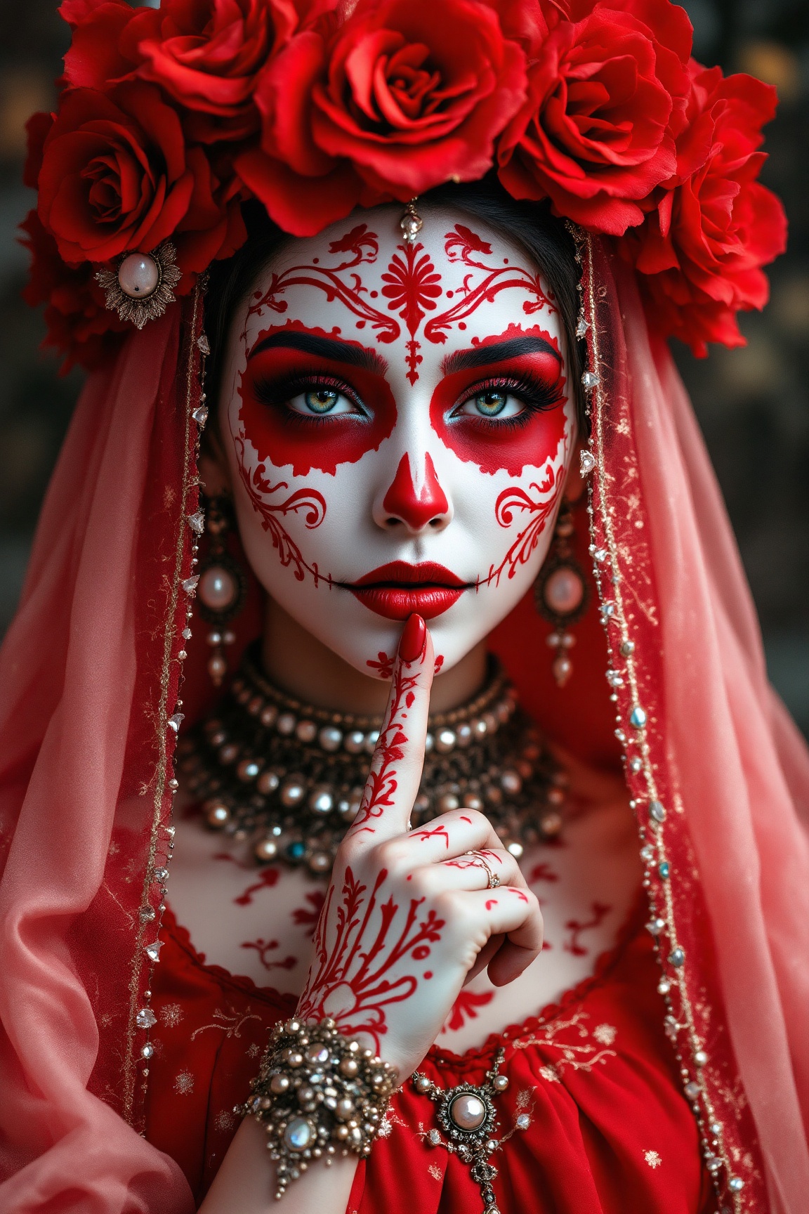 A solemn beauty stands before us,  adorned with vibrant red and white makeup designs forming intricate Dia de los Muertos...