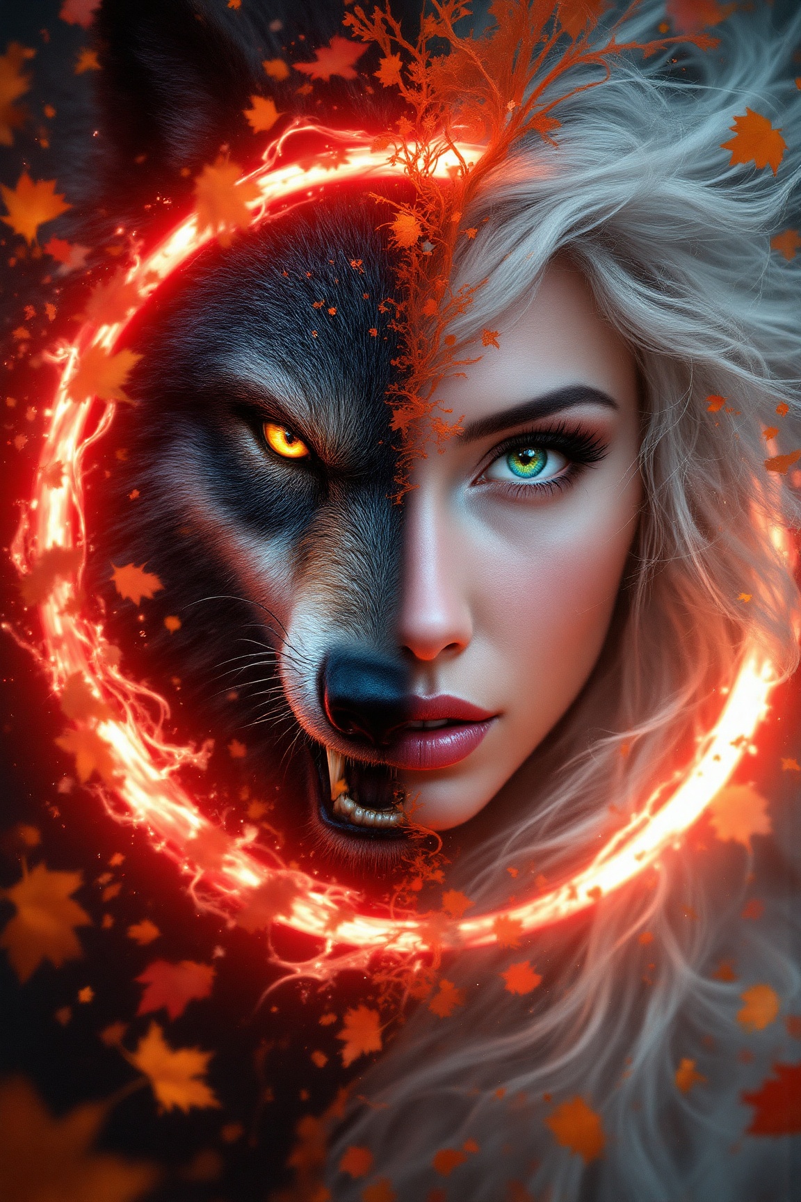 A striking portrait of a half-werewolf,  half-witch face emerges,  its surface a masterful blend of contrasting textures a...