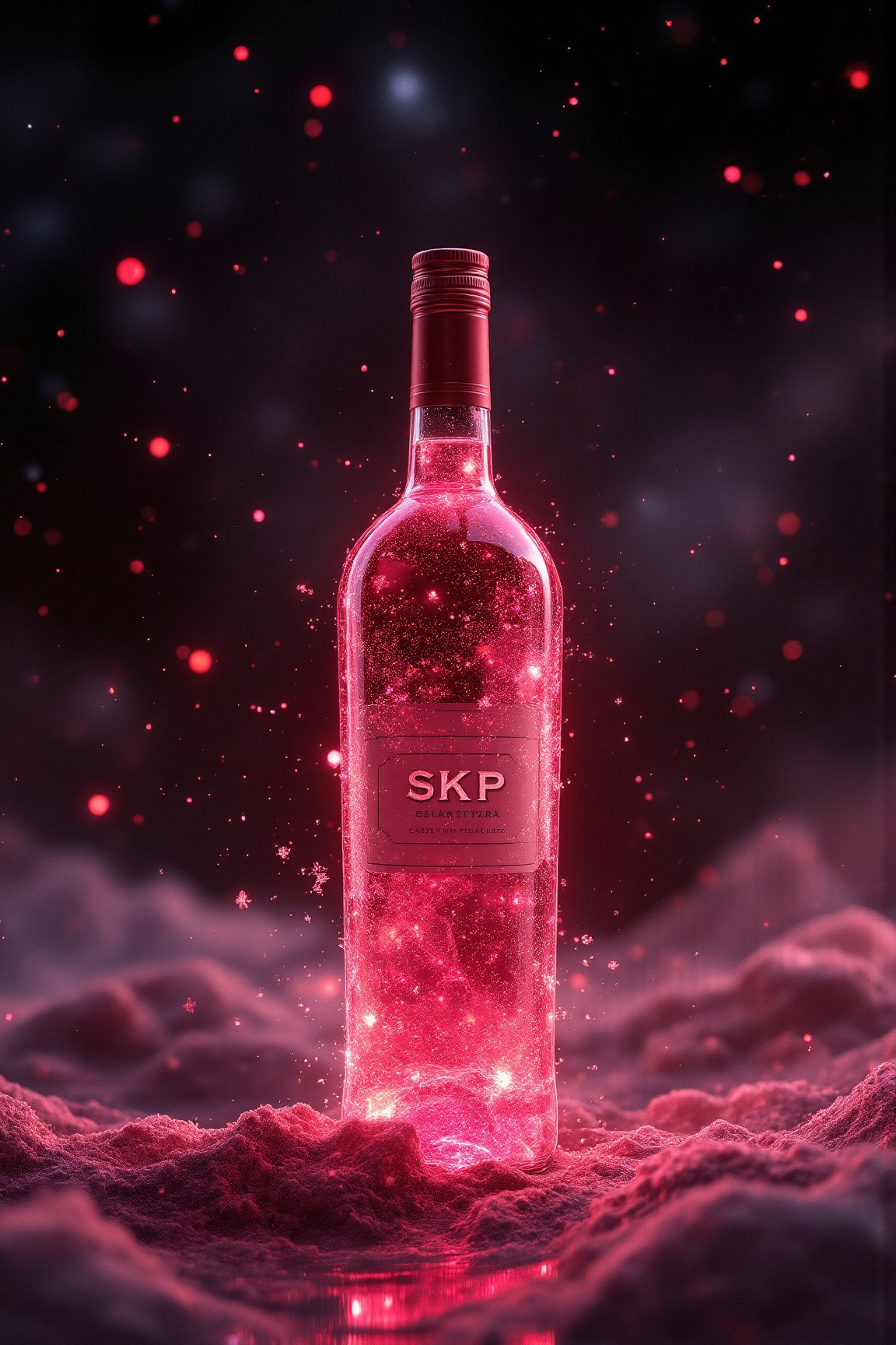 Crea una imagen de una botella de vino ( etiquetado "SKP" en texto) transformada en un impresionante holograma 3D. La bote...