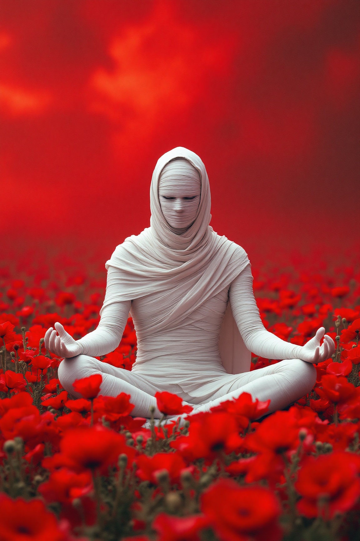 A figure shrouded in white bandages sits cross-legged amidst a field of vibrant red poppies,  meditating under a blood-red...