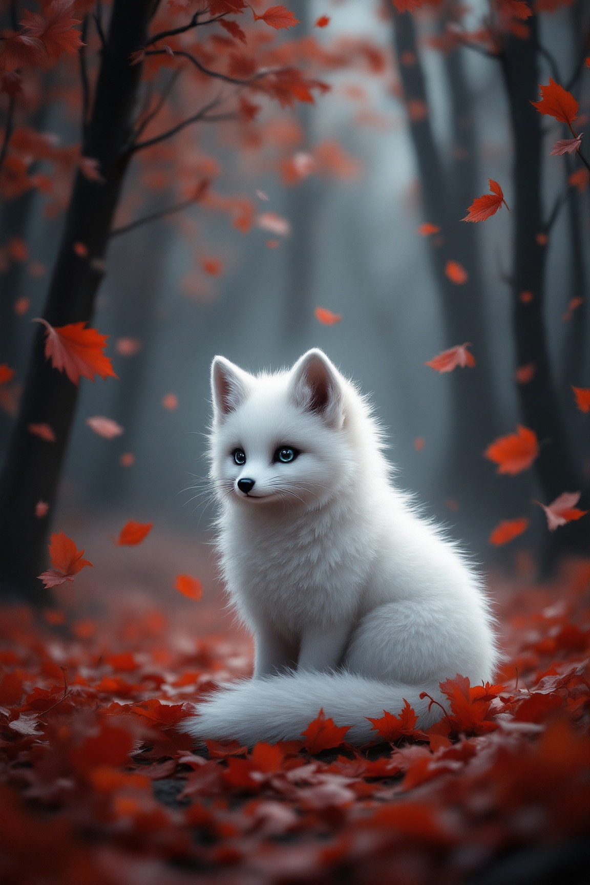 In the realm of fantasy,  a small,  pure white fox kit sits serenely amidst a storm of falling crimson leaves in a dark on...