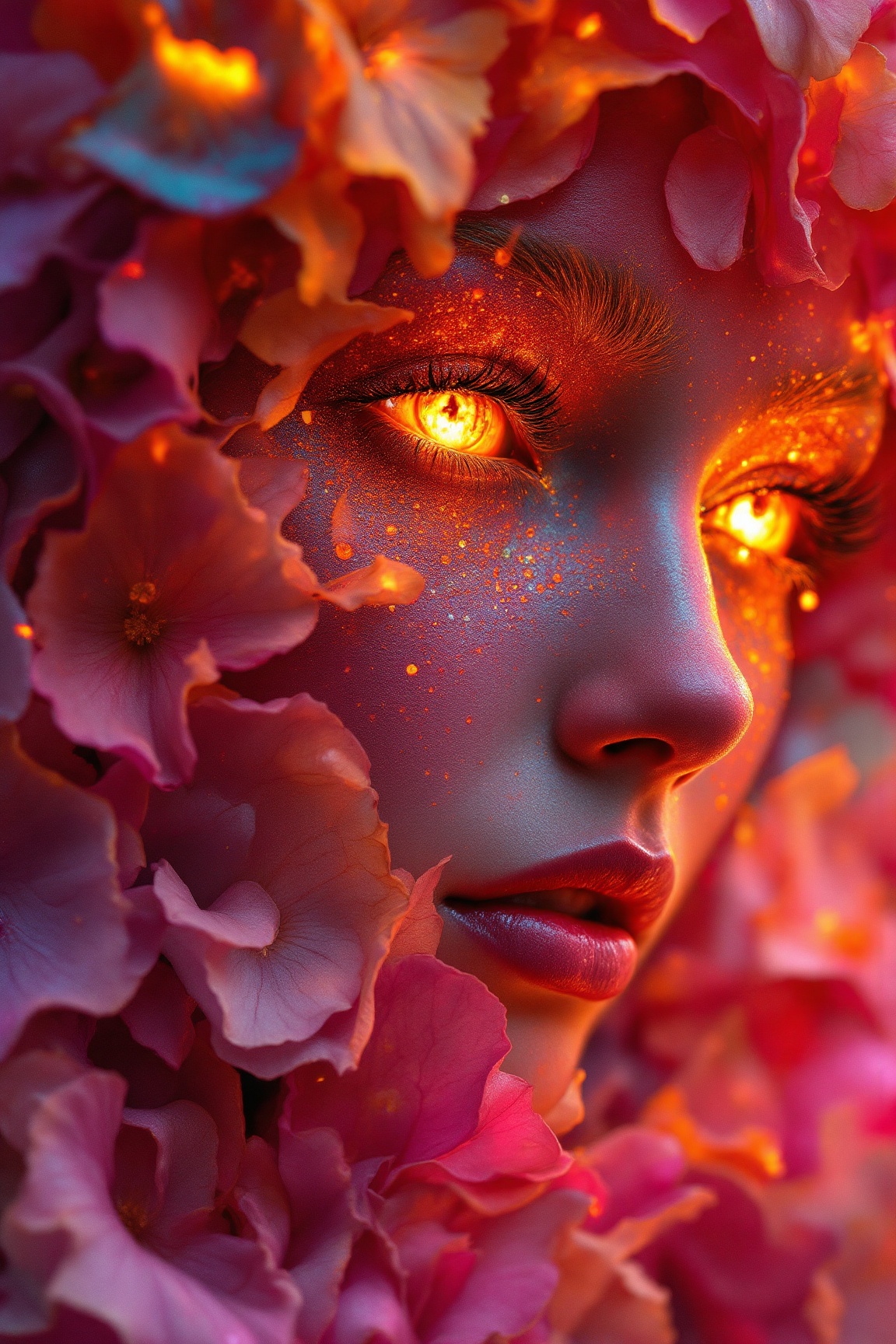 rainbow dreaming world,  portrait a female made of petals of flower ready to enter into your soul,  painting by Mark Brook...