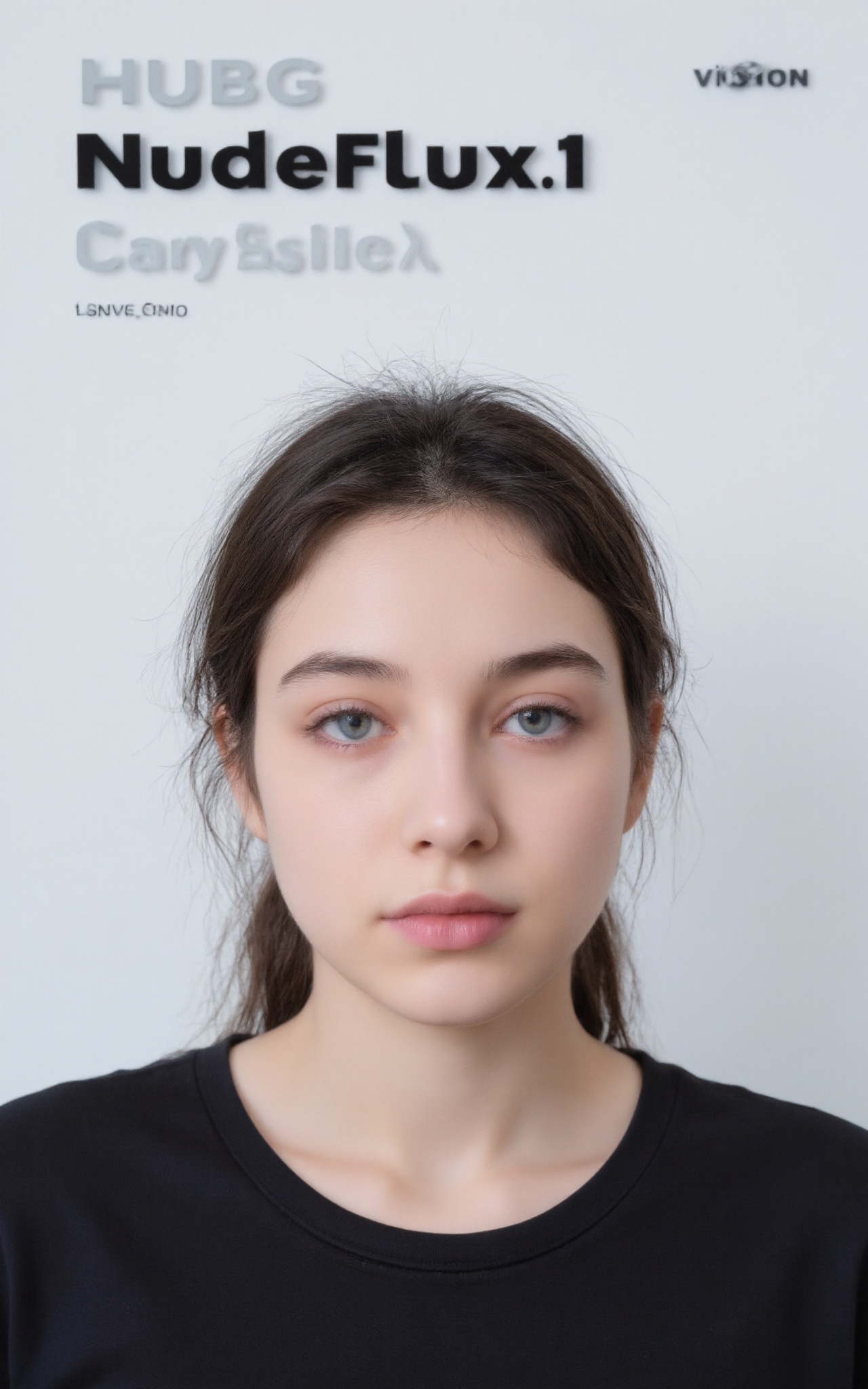 An eye-level shot of a young beautiful woman's face,  positioned in front of a gray backdrop. The woman's eyes are a pierc...