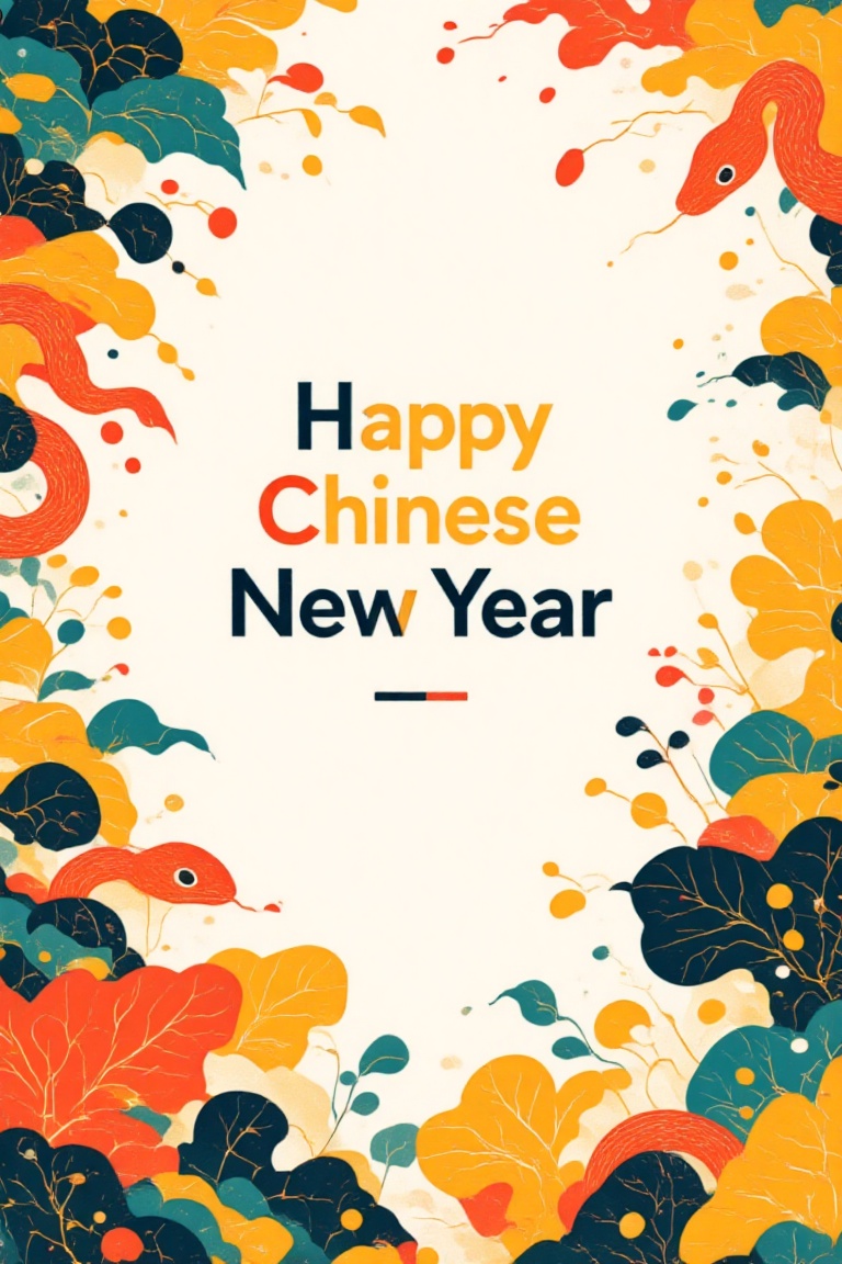 A postcard with written "Happy Chinese New Year",  vibrant illustration of snake leaves with a modern and colorful design,...