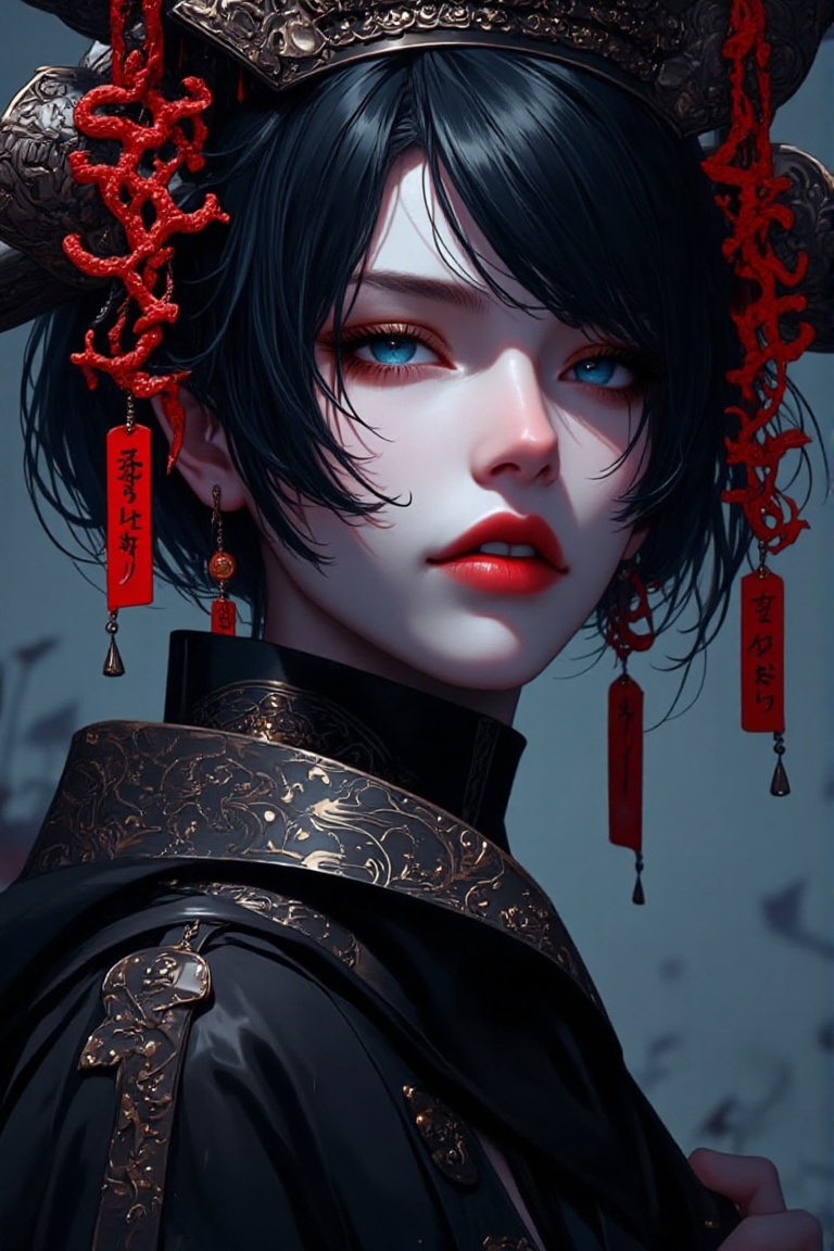 This is a highly detailed,  dark fantasy digital illustration in a detailed,  semi-realistic style. The subject is a young...