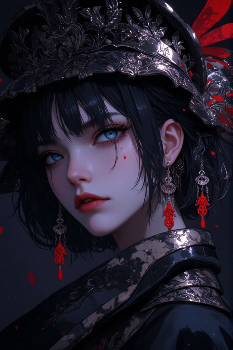 This is a highly detailed,  dark fantasy digital illustration in a detailed,  semi-realistic style. The subject is a young...
