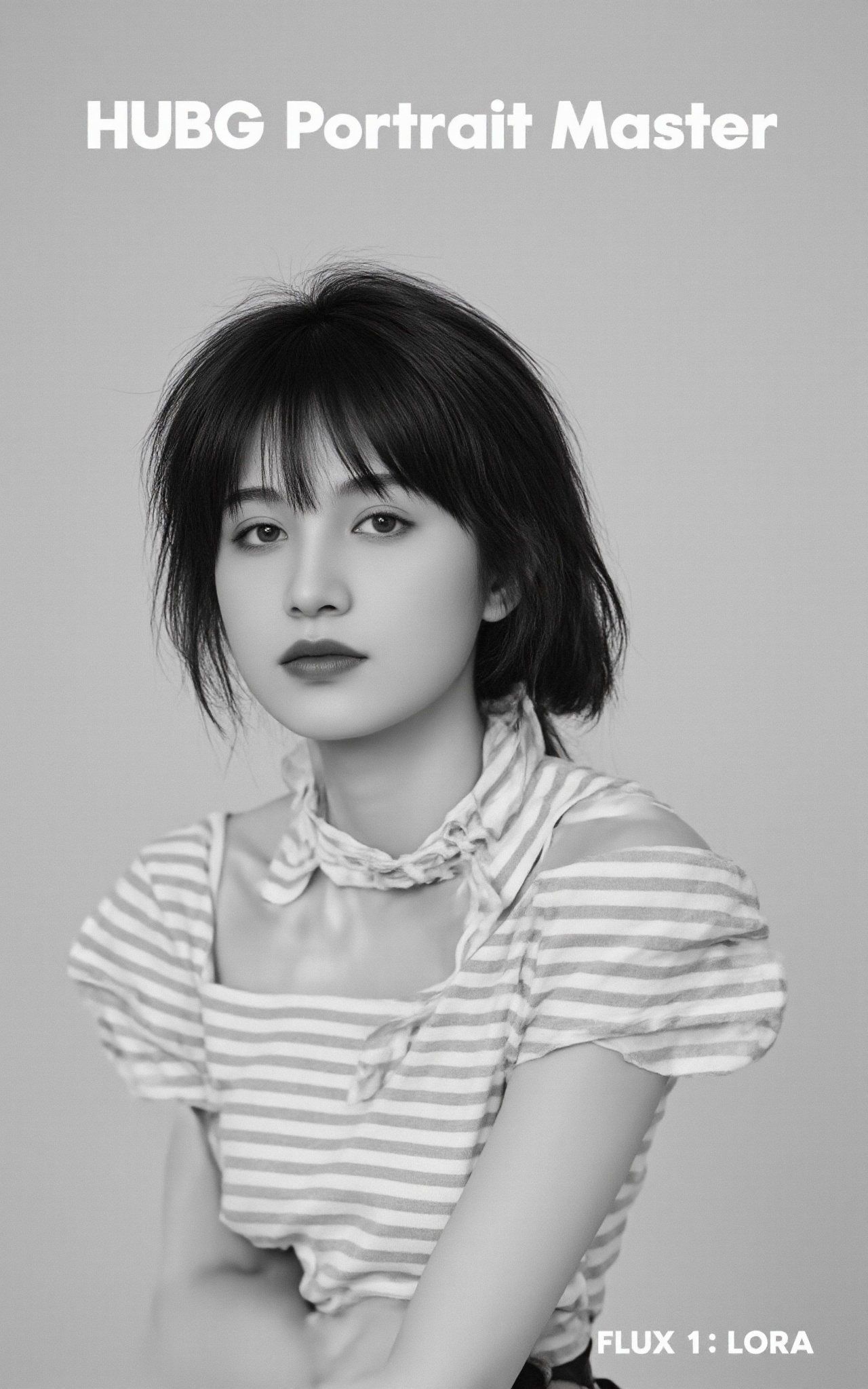 A black and white portrait of a woman with long dark hair and a striped shirt. The woman's face is covered in white stripe...