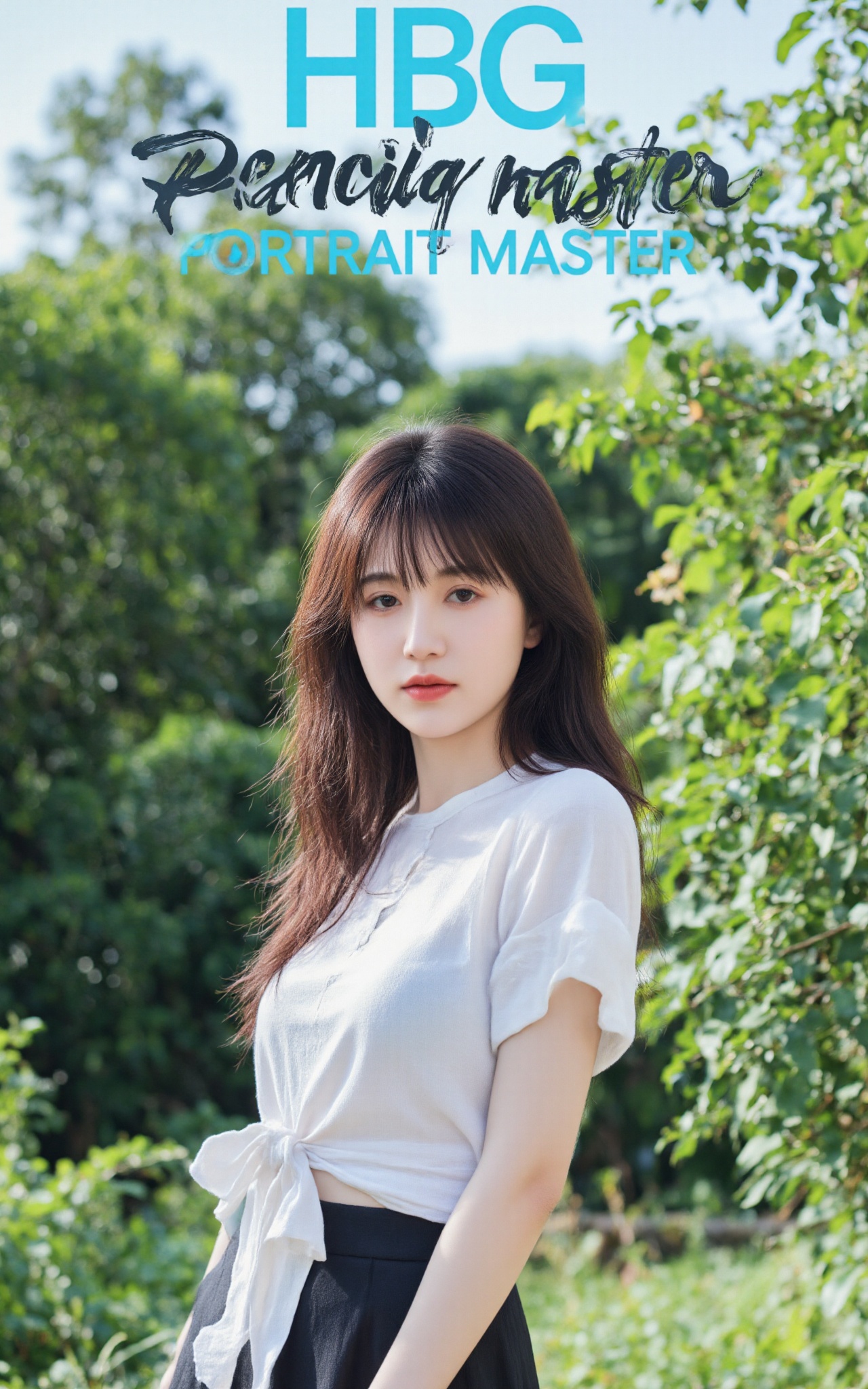 a young Asian woman stands in front of a backdrop of lush green foliage. She is dressed in a short-sleeved white blouse an...