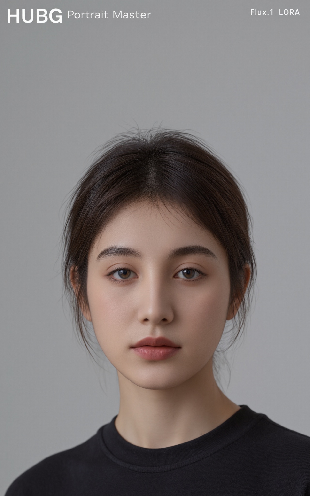 An eye-level shot of a young beautiful woman's face,  positioned in front of a gray backdrop. The woman's eyes are a pierc...