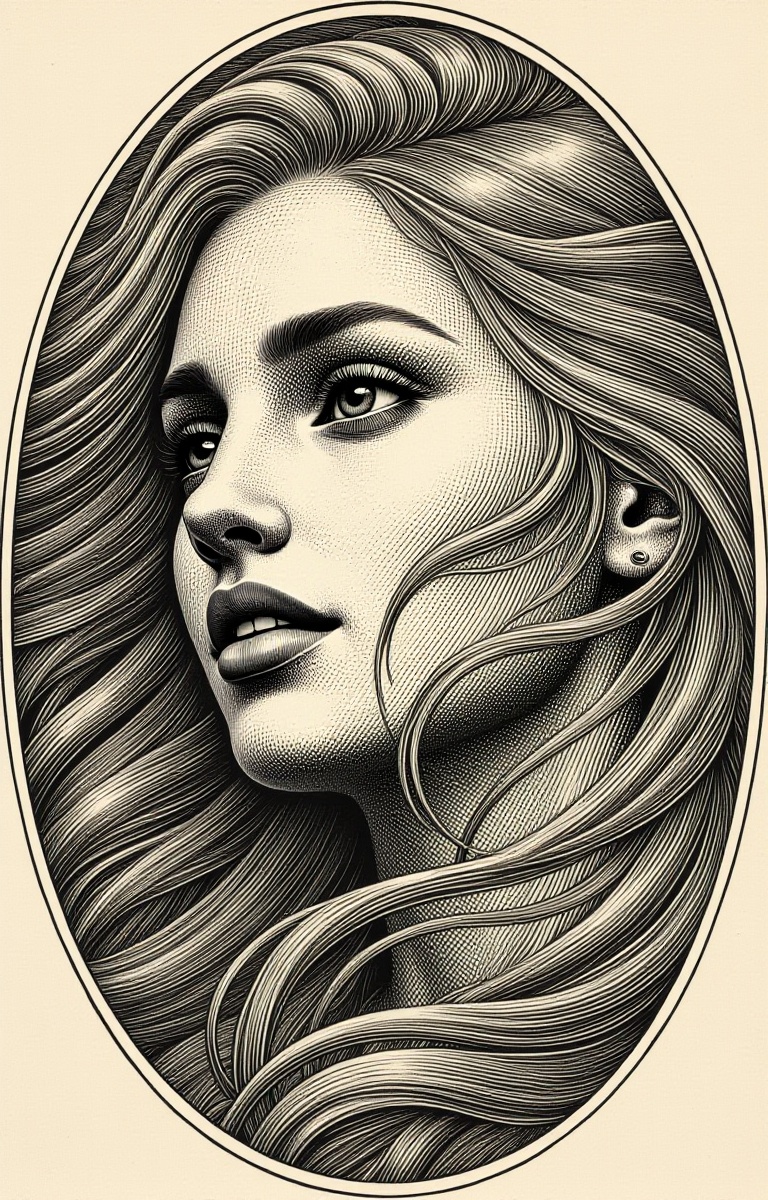 Exquisite Intaglio cross-hatching style: A captivating close-up portrait of a woman with flowing locks,  her features fine...