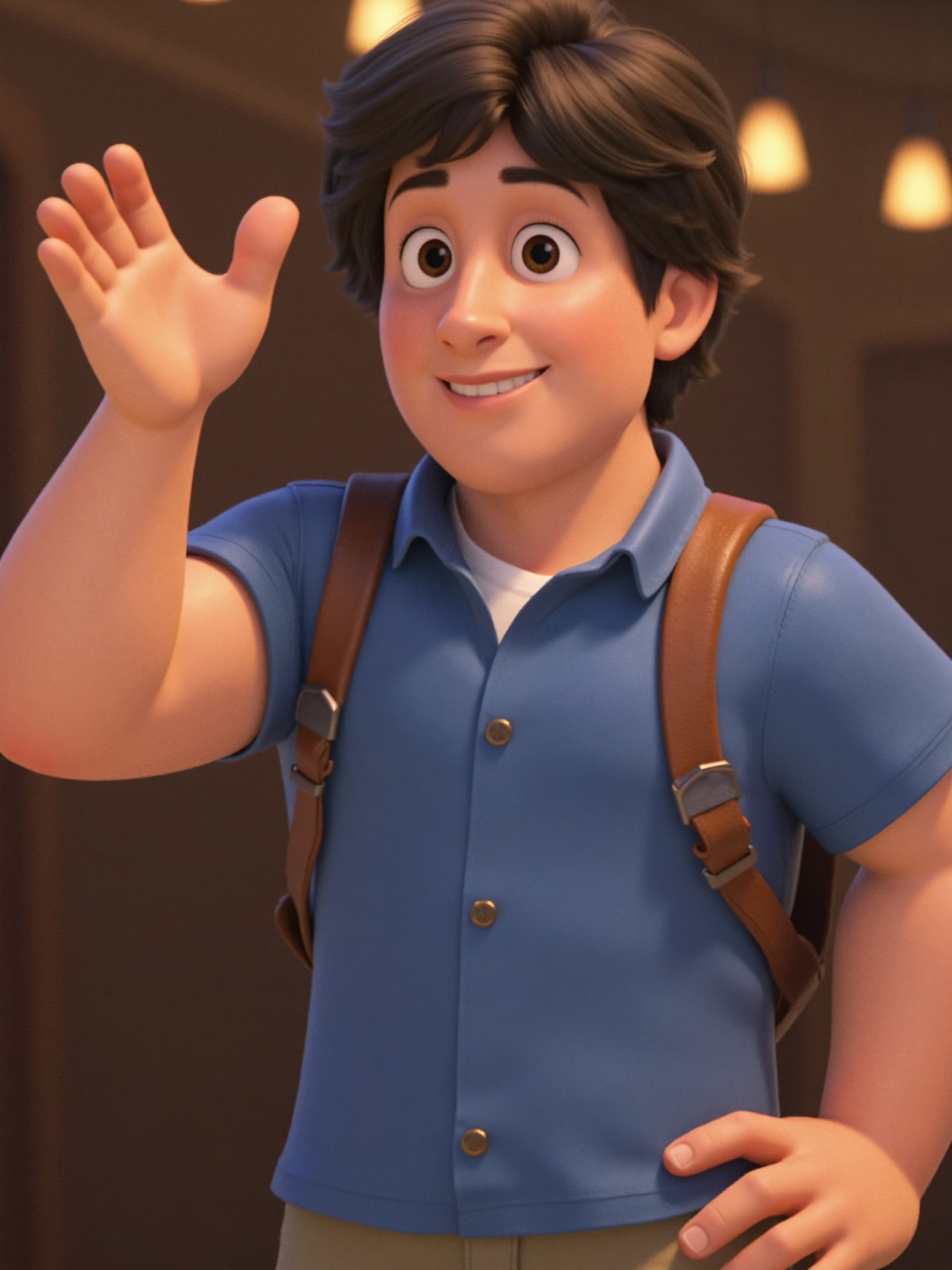 A cartoon character is standing in front of a blurred backdrop of lights. The character is a medium-sized man with short d...