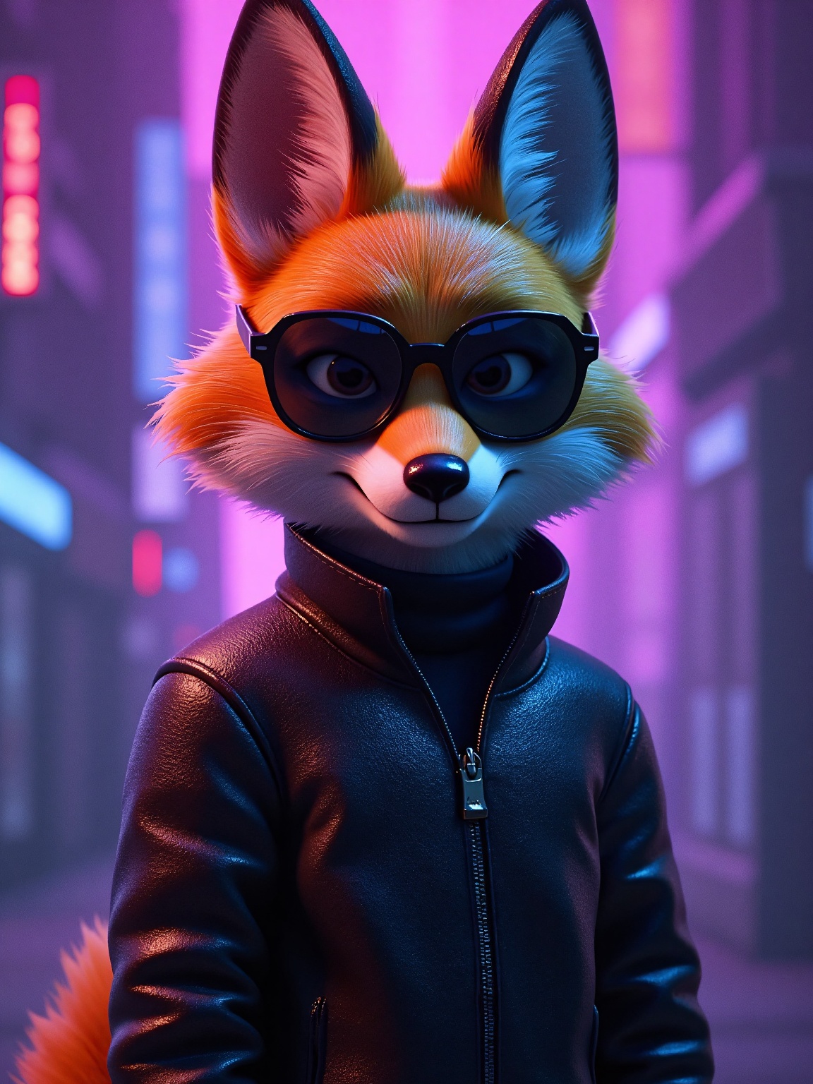Against a darkened cityscape,  a sleek cartoon fox donning sleek shades poses nonchalantly in front of a neon-lit backdrop...