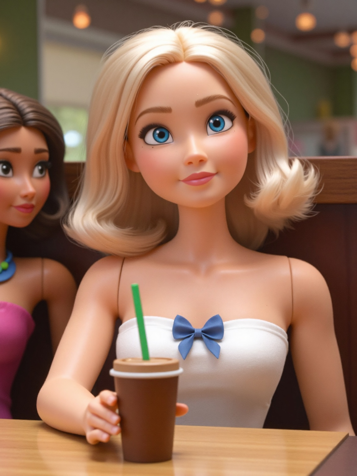 A girl with blonde hair and blue eyes sits at a table in a restaurant. She is dressed in a white strapless dress with a bl...
