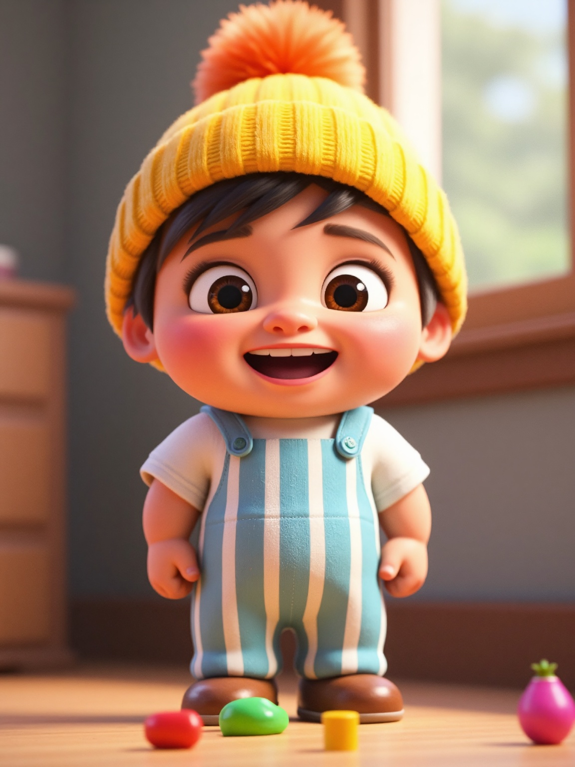 A cartoon character is standing in a room. The character is a little boy. The boy is wearing a yellow hat on his head. The...