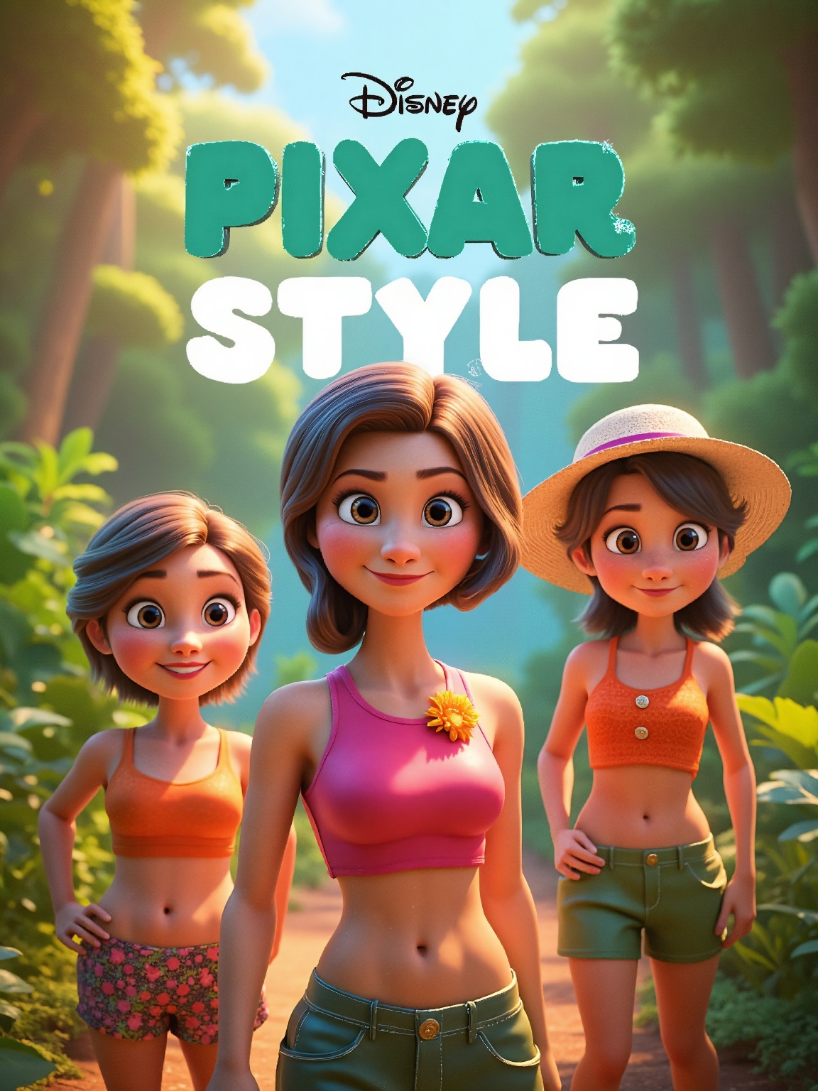 A vibrant poster featuring the bold text 'Disney Pixar Style' prominently displayed at the top,  with three unique animate...