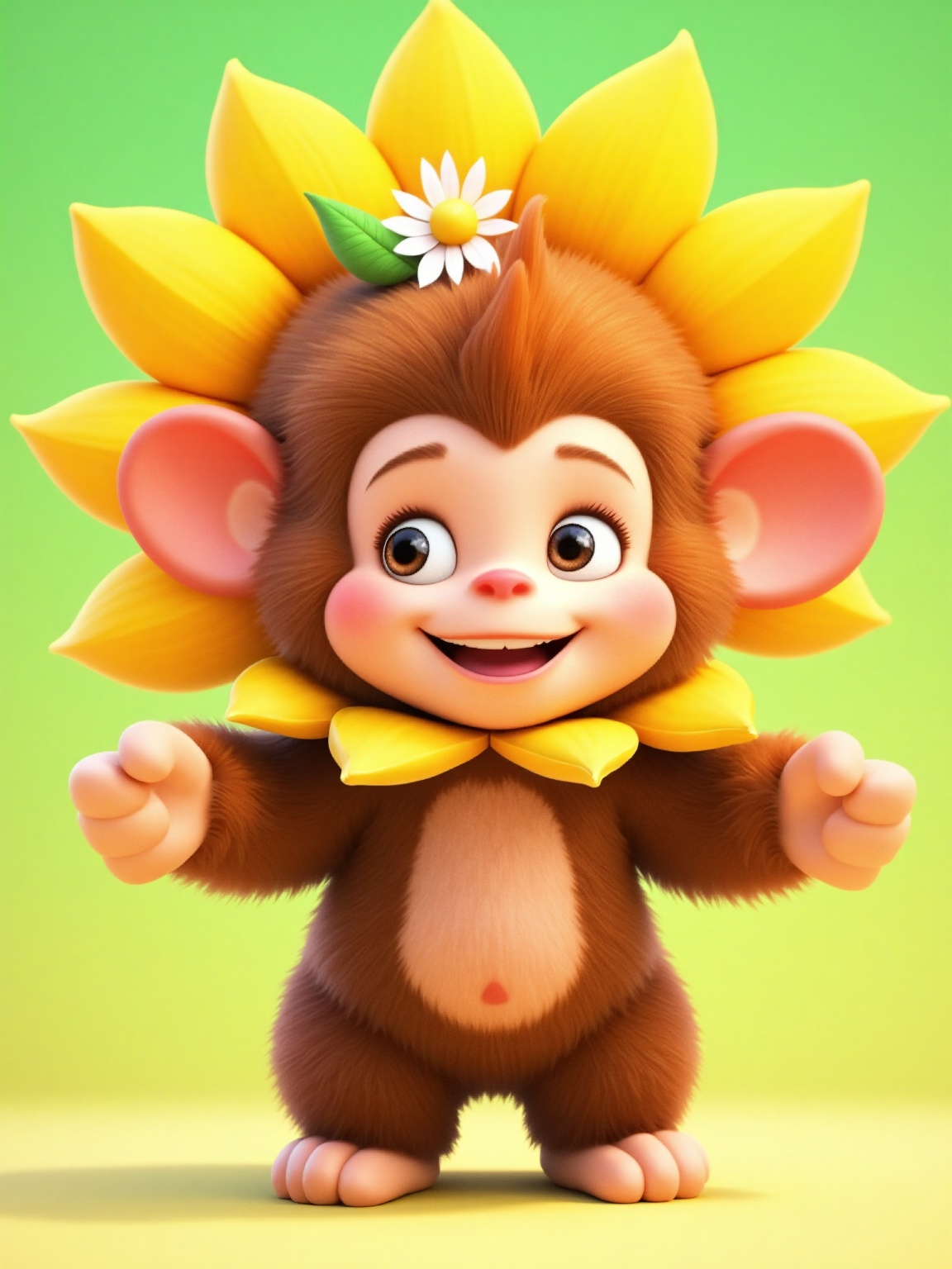 A whimsical cartoon character stands with a cheerful expression,  resembling a monkey with exaggerated features. Its round...